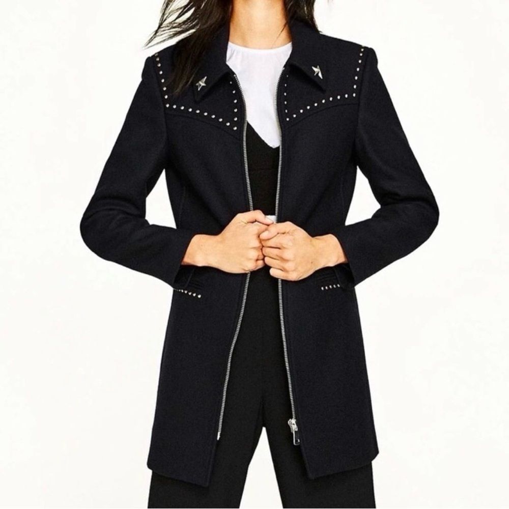 Zara Military Western Studded Wool Jacket Medium Black